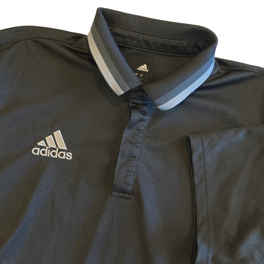 Adidas‎ Climalite Polo Shirt Mens Large Black Grey Striped AJ6899 Short Sleeve